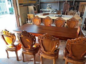 bàn ghế gỗ nguyên khối 8 ghế louis hoàng gia
