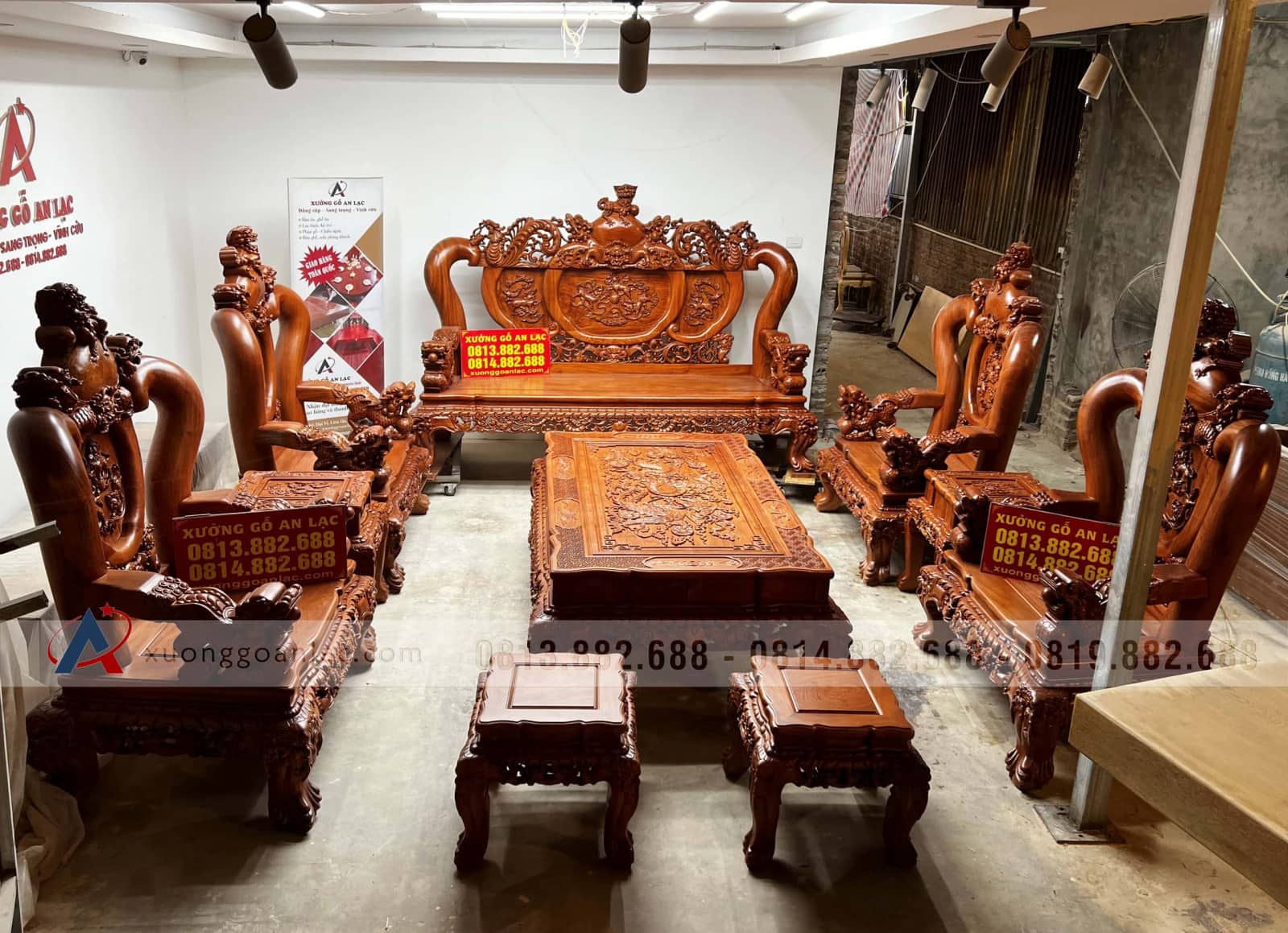 Bộ Minh quốc Nghê Đỉnh Phượng 10 món cột 16 gỗ Hương Đá đục tay siêu vip