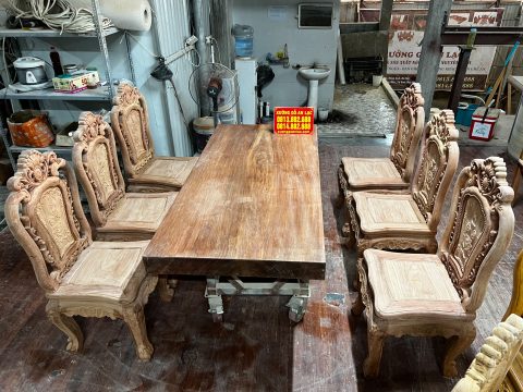 Nguyên mộc bộ bàn ăn nguyên khối 6 ghế hồng hạt gỗ Hương Đá