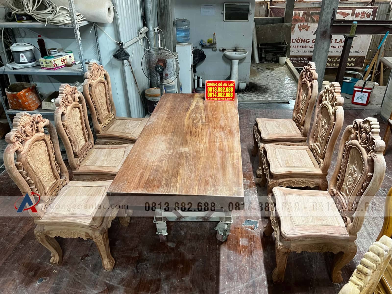 Nguyên mộc bộ bàn ăn nguyên khối 6 ghế hồng hạt gỗ Hương Đá