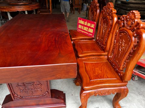 bàn gỗ nguyên khối gỗ gõ đỏ và 6 ghế gỗ hương đá
