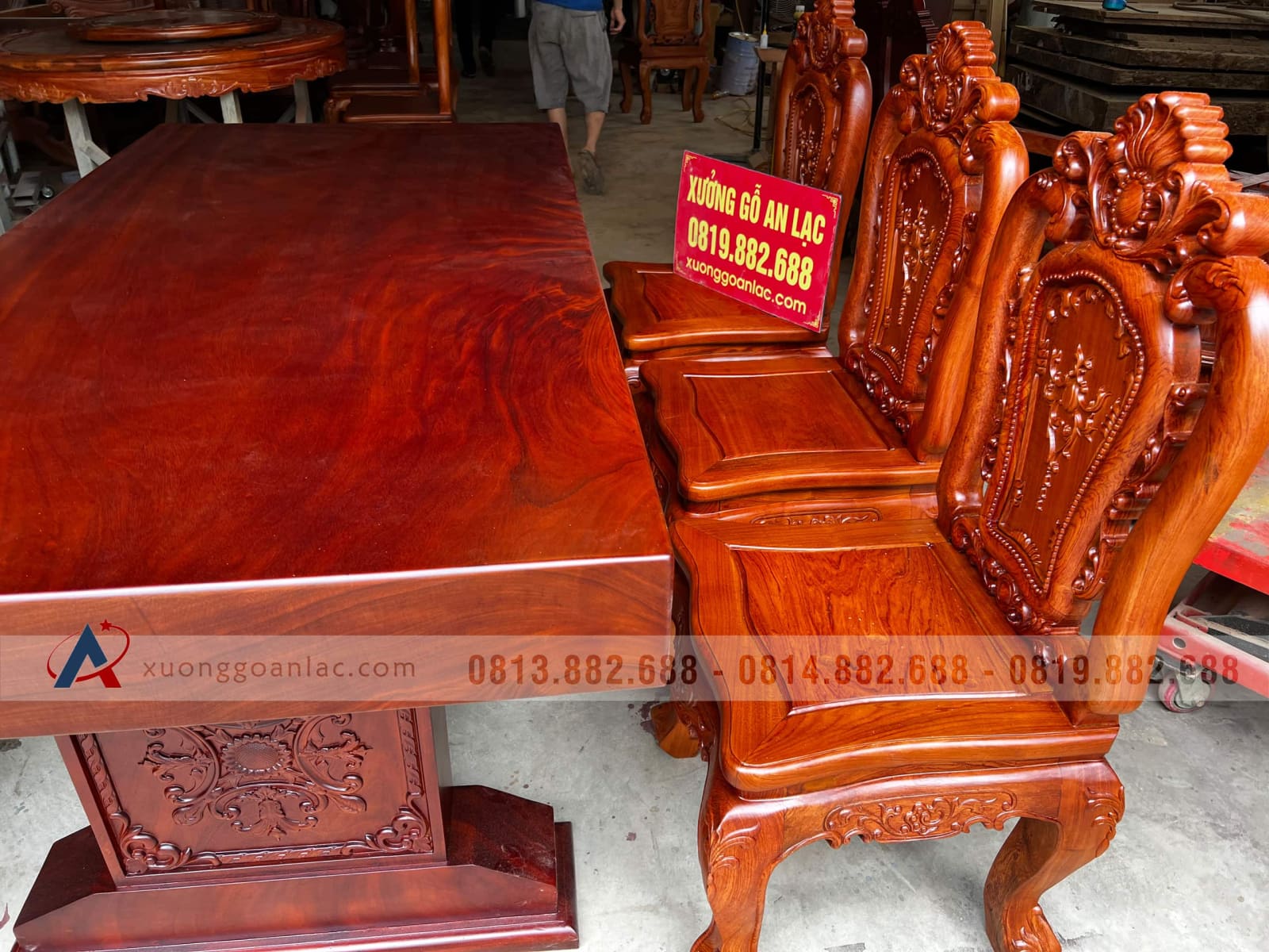 bàn gỗ nguyên khối gỗ gõ đỏ và 6 ghế gỗ hương đá