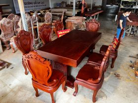 bàn ăn nguyên khối 8 ghế louis gõ đỏ 180x90x16cm