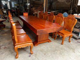 bộ bàn ăn 10 ghế louis bàn 300x98x15cm gỗ gõ đỏ