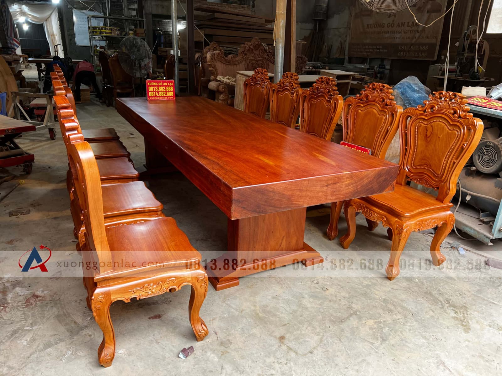 bộ bàn ăn 10 ghế louis bàn 300x98x15cm gỗ gõ đỏ