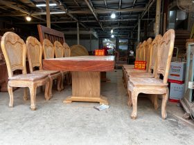 bộ bàn ăn nguyên khối gỗ gõ đỏ tự nhiên