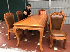 Bàn ăn luois vs 5 ghế gõ đỏ bọc đệm da bò nhập khẩu Italia (anh Hải, Ninh Bình)
