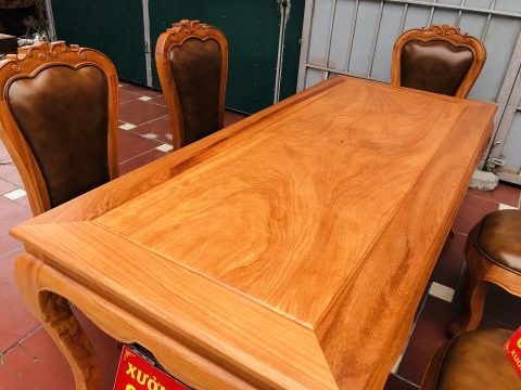 bàn ăn 5 ghế bọc đệm da bò gỗ gõ đỏ cao cấp