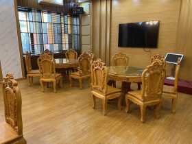 bộ bàn ăn tròn 6 ghế gỗ gõ đỏ tự nhiên cao cấp