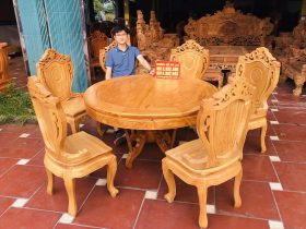 Bàn ăn tròn 1m17 vs 6 ghế louis có tay gỗ gõ đỏ (Anh Tiến, Tây Ninh)