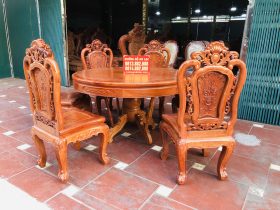 Bộ bàn ăn tròn 1m17 vs 6 ghế hồng hạt đục hai mặt gỗ hương đá cao cấp