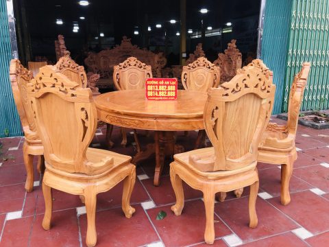 Bộ bàn ăn tròn 8 ghế louis hoa lá tây gỗ gõ đỏ (anh Hà, Nghệ An)