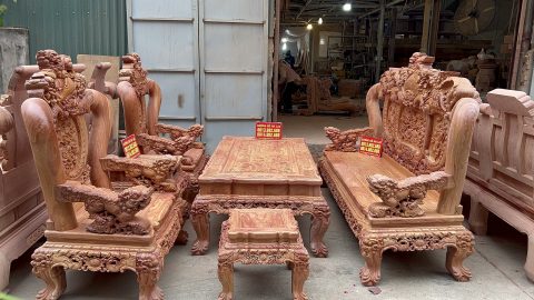 Bộ bàn ghế Minh quốc nghê 6 món gỗ hương đá đục tay mộc