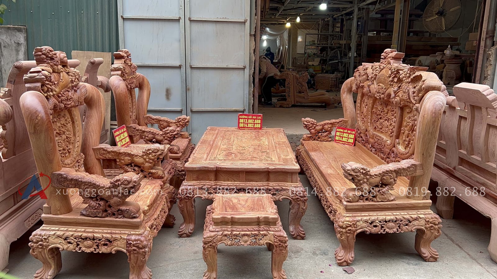 Bộ bàn ghế Minh quốc nghê 6 món gỗ hương đá đục tay mộc 