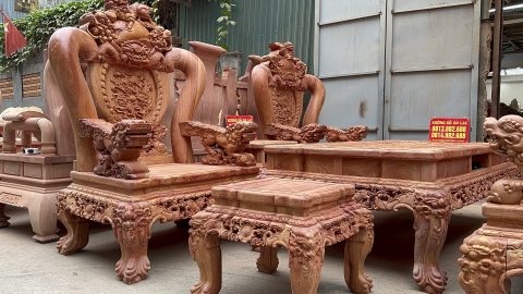 bàn ghế minh quốc nghê gỗ hương đá hàng đục tay thủ cong mỹ nghệ