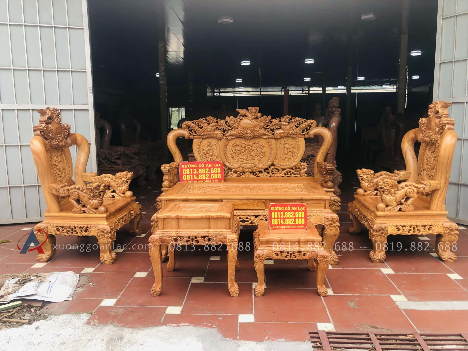 Bộ bàn ghế Minh Nghê 6 món cột 12 chân 14 gõ đỏ (chú Vinh, Bắc Giang)