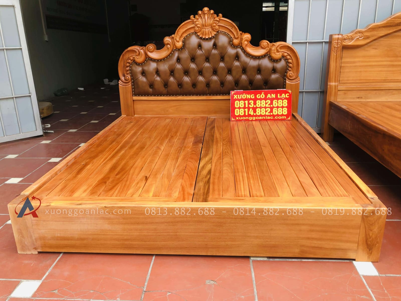Giường ngủ cao cấp gỗ gõ đỏ 1m8x2m đầu giường bọc da bò nhập khẩu Italia