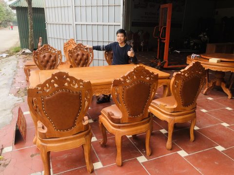 bàn ăn 6 ghế lói hoa lá tây bọc đệm cao cấp gỗ gõ đỏ tự nhiên
