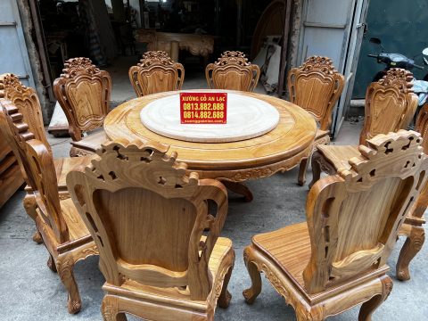 bàn ăn tròn 10 ghế louis hoa lá tây gỗ gõ đỏ cao cấp