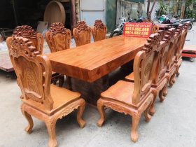 bàn ăn gỗ hương đá nguyên khối và 10 ghế louis hoàng gia