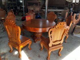 bàn ăn tròn 6 ghế gỗ gõ đỏ nguyên khối