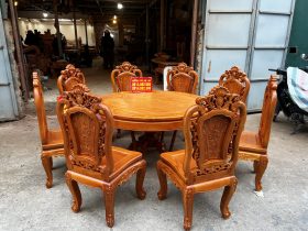 bàn ăn tròn 8 ghế hồng hạt gỗ gõ đỏ