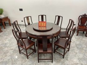 bàn ăn tròn mâm xoay 2 tầng 8 ghế gỗ cẩm Lai