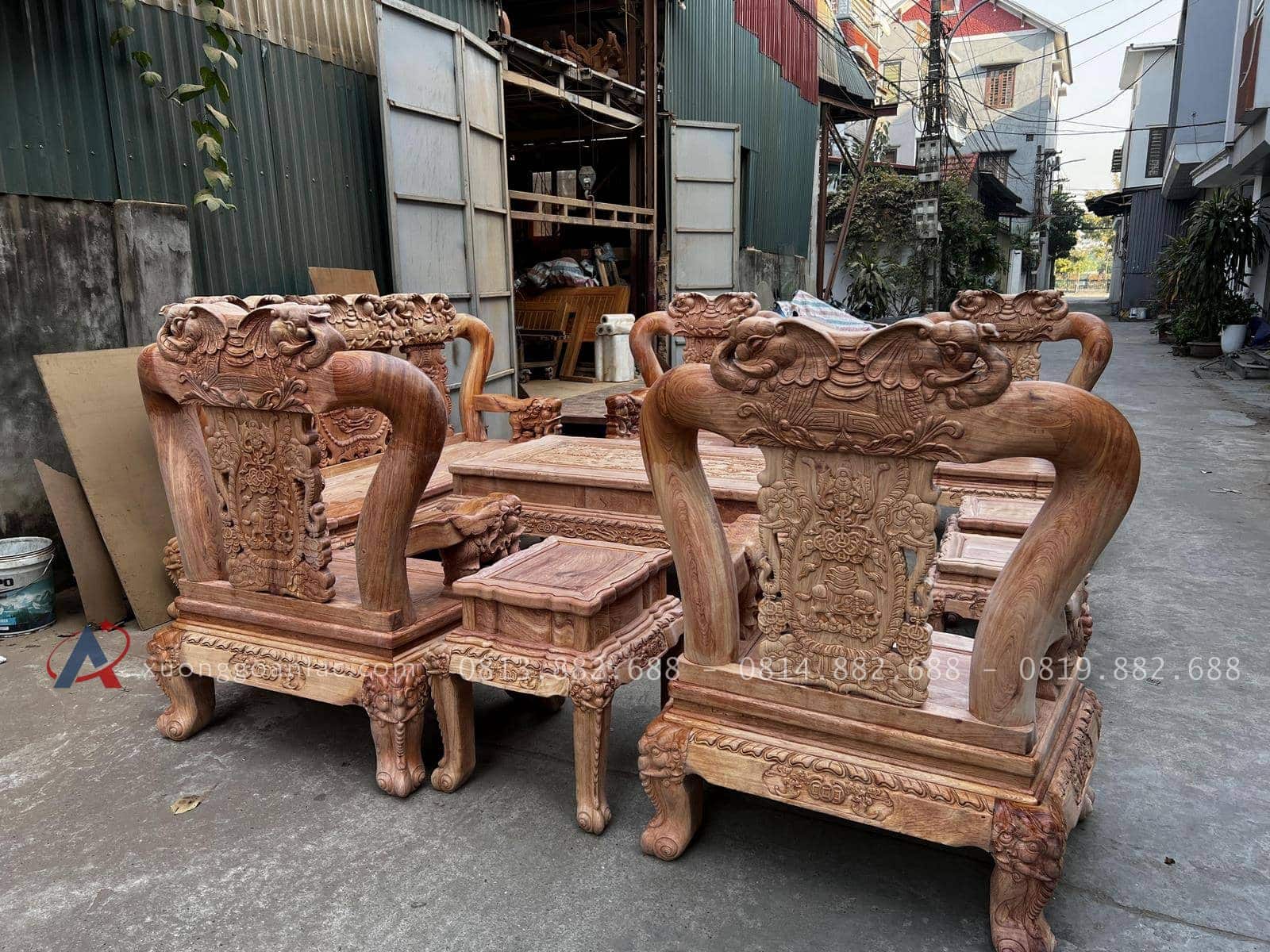 bàn ghế phòng khách gỗ hương đá hàng đục 2 mặt