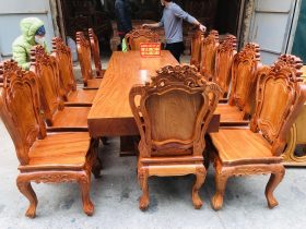 bộ bàn ăn nguyên khối 12 ghế louis gỗ hương đá