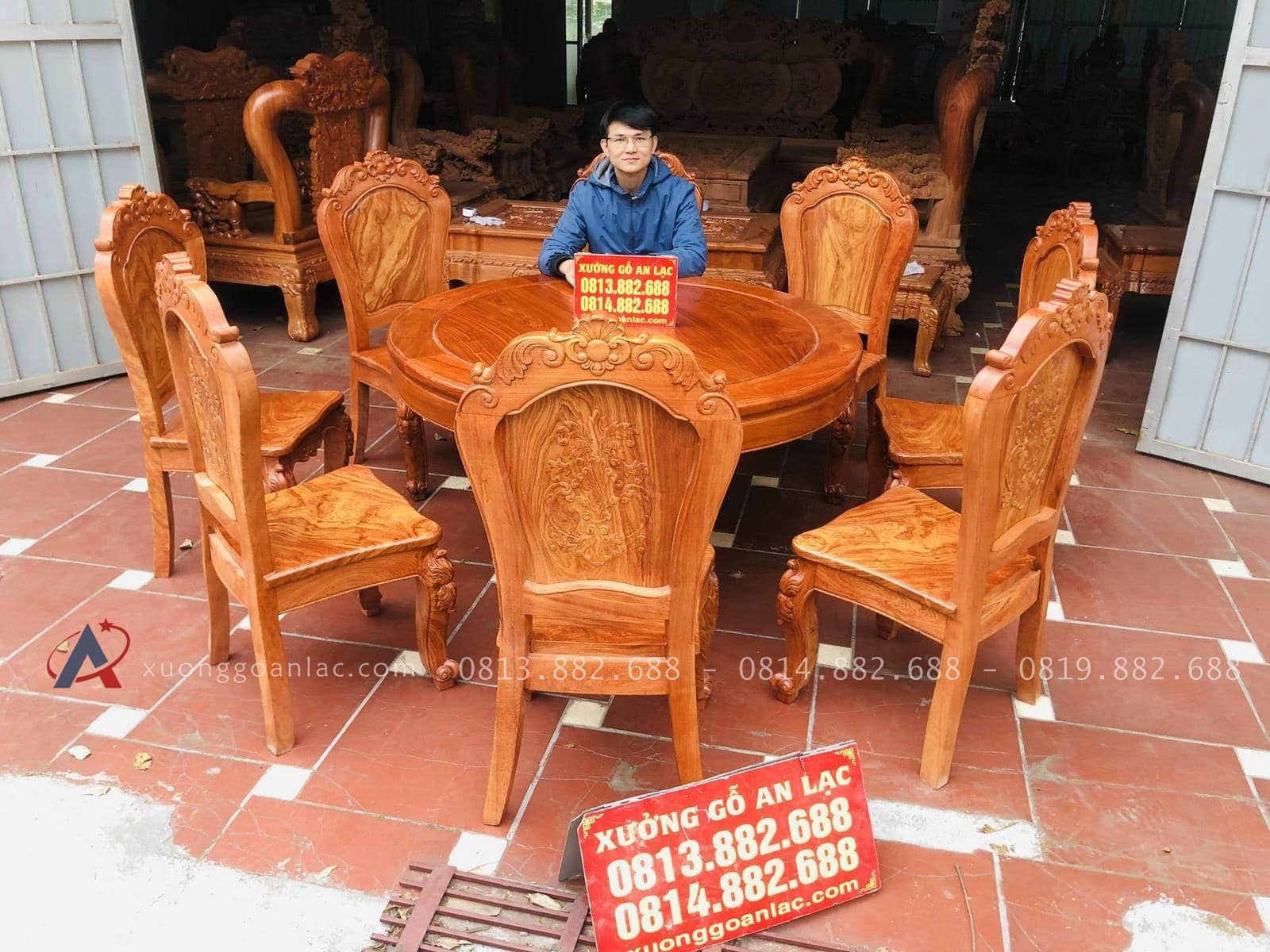 bộ bàn ăn tròn 8 ghế gỗ hương đá hàng vip