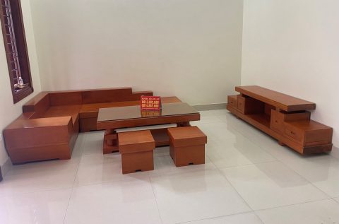 sofa góc chữ L và kệ tivi nguyên khối gỗ gõ đỏ