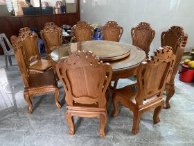 mẫu bàn ăn tròn 10 ghế gỗ gõ đỏ