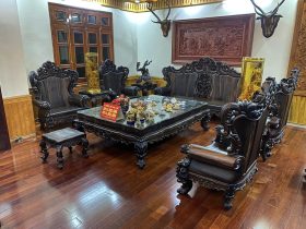 bàn ghế hoàng gia nguyên khối gỗ mun hoa lào 12 món hàng khủng