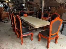 bộ bàn ăn nguyên khói 8 ghế hoa hồng bọc đệm gỗ hương
