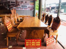 bàn ăn nguyên khối gỗ cẩm đá và 8 ghế louis gỗ gõ đỏ
