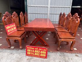 bàn ăn nguyên khối gỗ hương đỏ 8 ghế hồng hạt