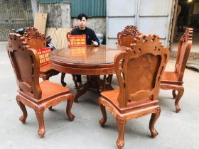 bàn ăn tròn gỗ gõ đỏ 6 ghế