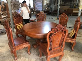 bàn ăn tròn gỗ gõ đỏ nguyên khối 6 ghế gỗ hương đá hàng vip