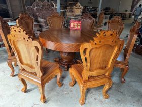 mẫu bàn ăn tròn 8 ghế louis gỗ gõ đỏ cao cấp