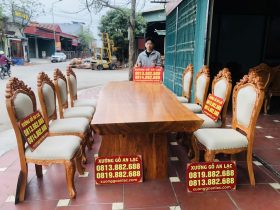 bàn ăn nguyên khối gõ cẩm đá 8 ghế louis gỗ gõ đỏ bọc đệm