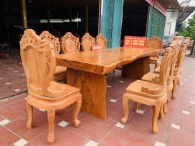 bàn ăn nguyên khối gỗ cẩm đá và 10 ghế louis gỗ gõ đỏ