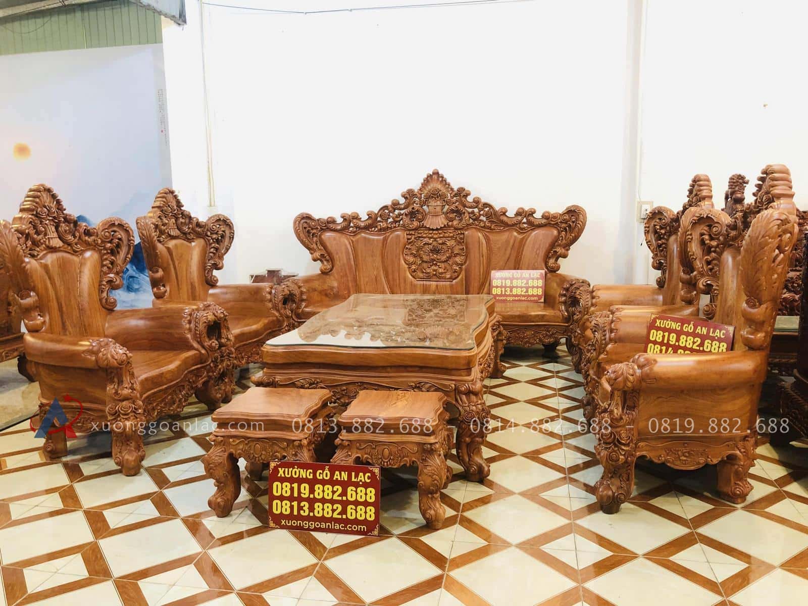 bàn ghế hoàng gia nguyên khỗi gỗ hương đá 10 món