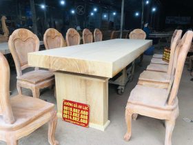 bàn ăn nguyên khối gỗ gõ đỏ 12 ghế hoa cúc