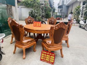 bàn ăn tròn với 6 ghế louis có tay bọc đệm gỗ gõ đỏ