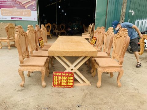 mẫu bàn ăn nguyên khối 8 ghế louis hoa lá tây gỗ gõ đỏ