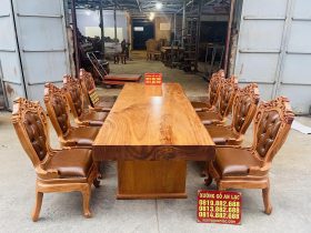 bàn ăn nguyên khối 8 ghế louis có tay gỗ gõ đỏ