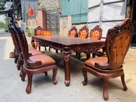mẫu bàn ăn hoàng gia 10 ghế louis bọc đệm gỗ gõ đỏ