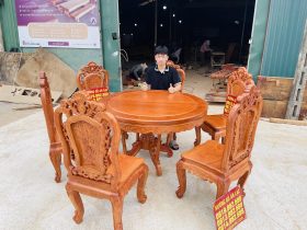 mẫu bàn ăn tròn 6 ghế hồng hạt gỗ hương đá cao cấp