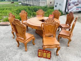 bàn ăn tròn 8 ghế louis gỗ gõ