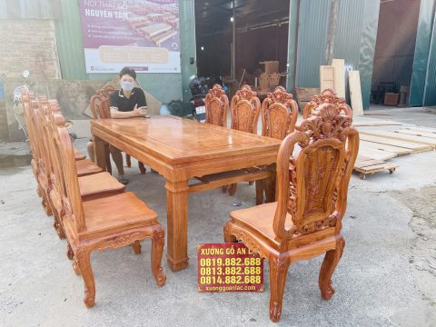 bàn ăn chữ nhật 10 ghế hồng hạt gỗ hương đá cao cấp